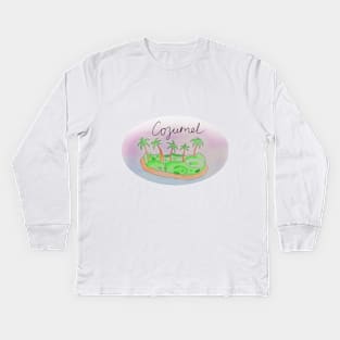 Cozumel watercolor Island travel, beach, sea and palm trees. Holidays and vacation, summer and relaxation Kids Long Sleeve T-Shirt